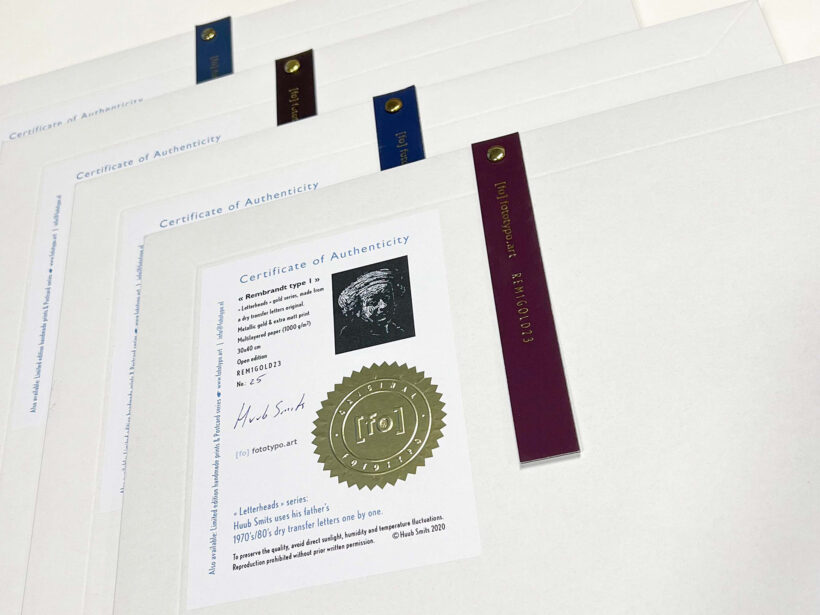 Rembrandt type 1 | Letterhead Gold print | envelop + certificaat