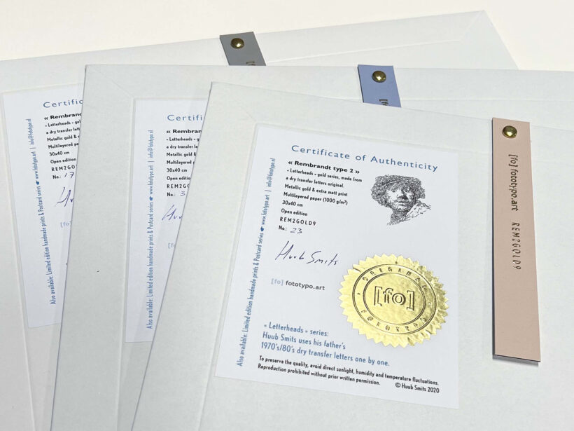 Rembrandt type 2 | Letterhead Gold print | envelop + certificaat