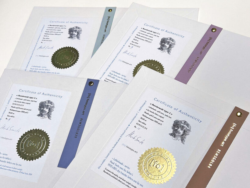 Rembrandt type 3 | Letterhead Gold prints | envelop + certificaat